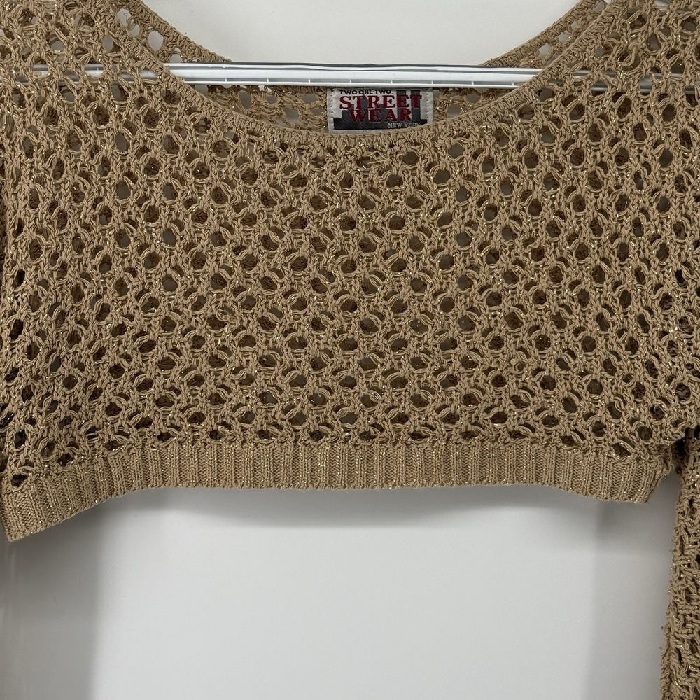 Y2K Fairy Crochet Crop Top‎ Bell Sleeve Sheer Knit Boho Festival Gold Metallic M - Picture 2 of 7